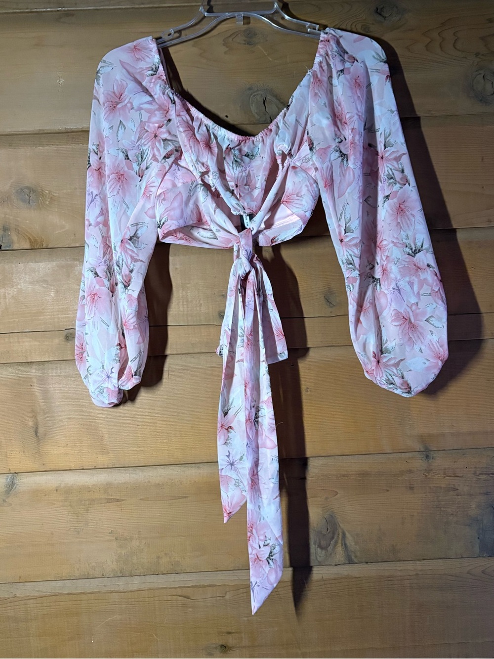 Miss Avenue Pink Floral Tie-Front Puff Sleeve Crop Top- Size M - Picture 2 of 9